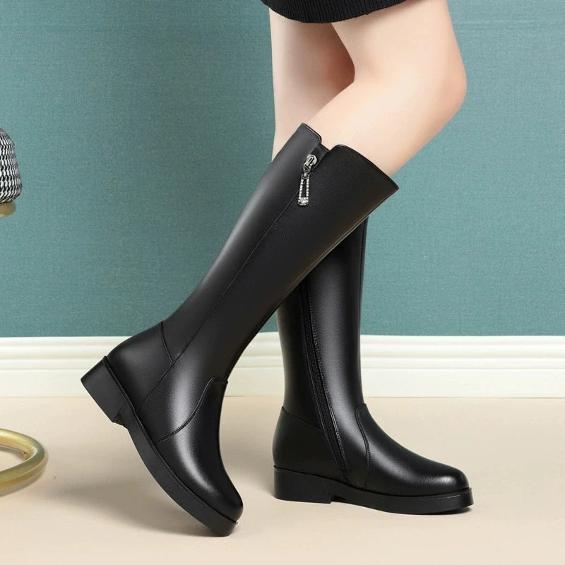 WOIZGIC Mother Female Women's Ladies Zipper Winter Genuine Leather Mid Calf Boots Shoes Plush Wool Warm Fur Snow Waterproof