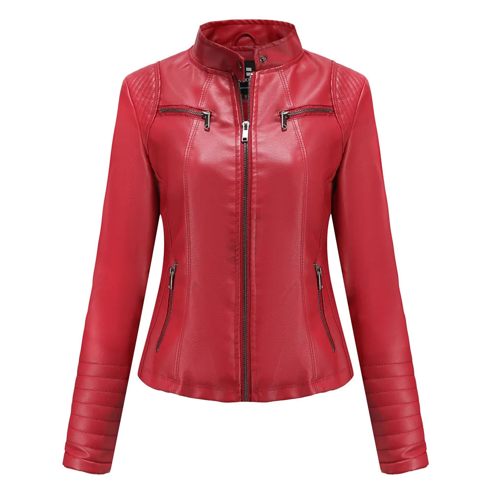 2026 New Women's Slim Leather Jacket, Stand-up Collar, Zipper Stitching, Monochromatic PU Coat, Fashion Clothing.