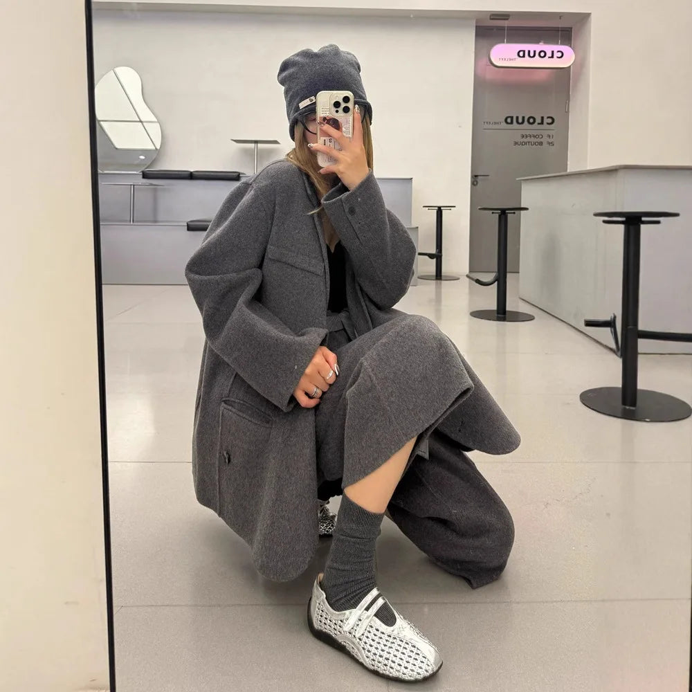 Autumn Winter Double-Sided Cashmere Coat Korean Style Suit Woolen Blazer Women Design Sense Set Korean Fashion Elegant