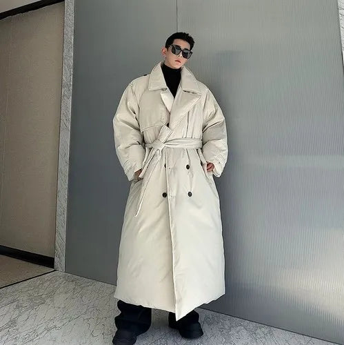 Winter Thickened Long Down Jacket Man's Belt Design Korean Warm Over The Knee Fashionable Long Sleeve Solid Color Cotton Coats