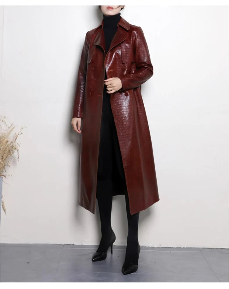 Lautaro Autumn Long Shiny Reflective Patent Faux Leather Trench Coat for Women Belt Double Breasted Luxury Designer Clothes 2023