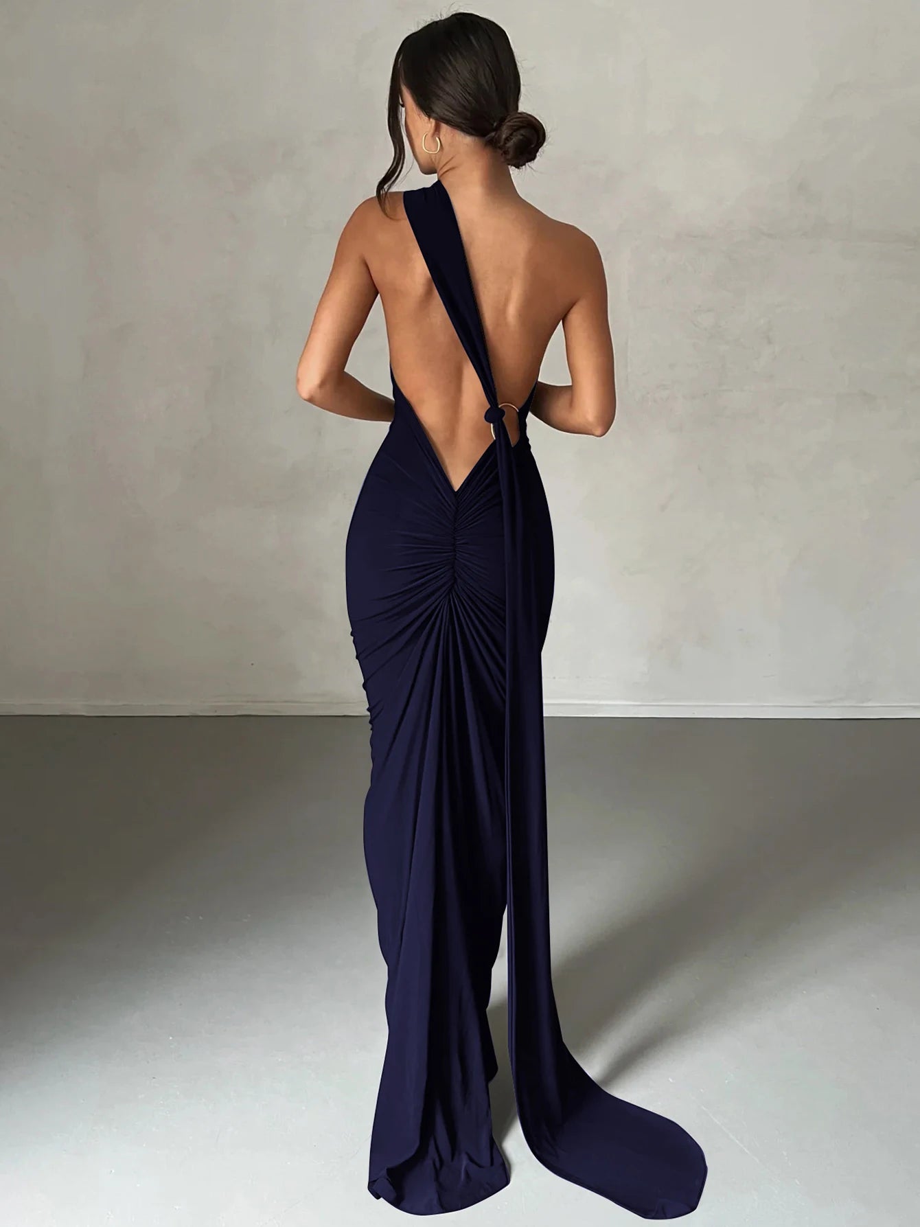Dulzura One Shoulder Backless Ruched Slim Ribbon Long Dress Women Solid Sexy Elegant Dress Evening Party Club Prom Summer Outfit