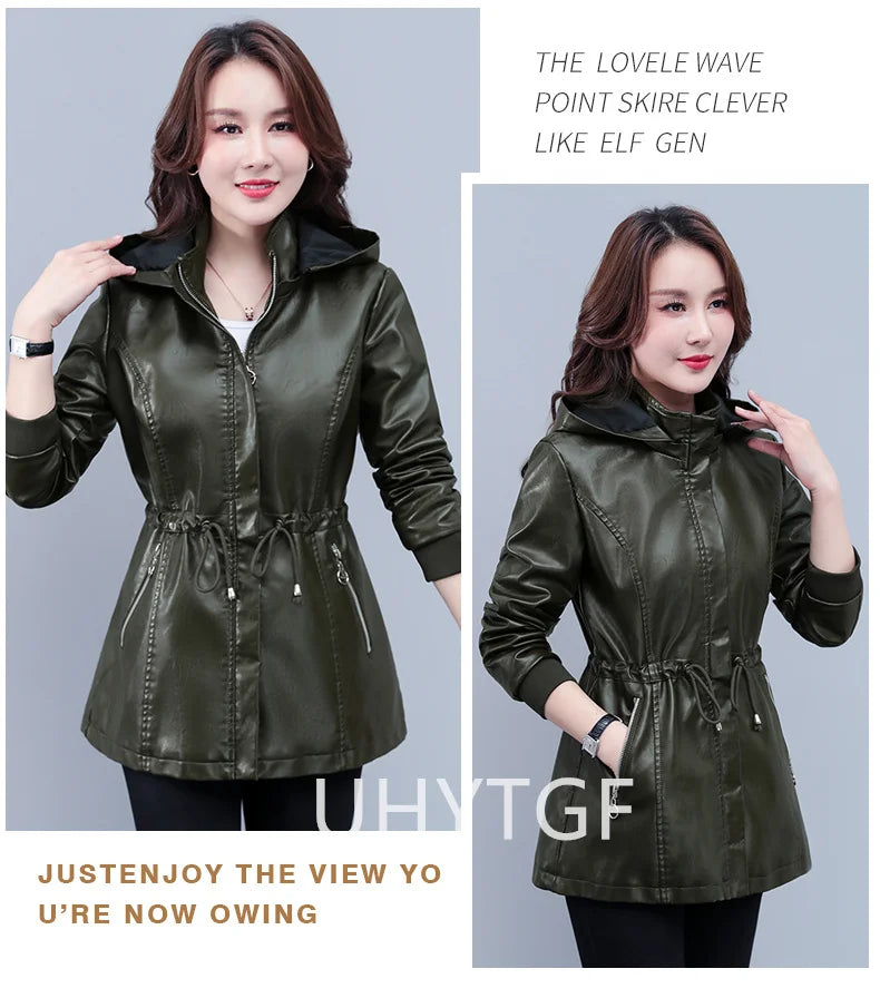 UHYTGF Fleece Winter Leather Female Quality Pu Leather Windbreaker Women Temperament Slim Warm 3XL Big Size Coat Deri Ceket 425
