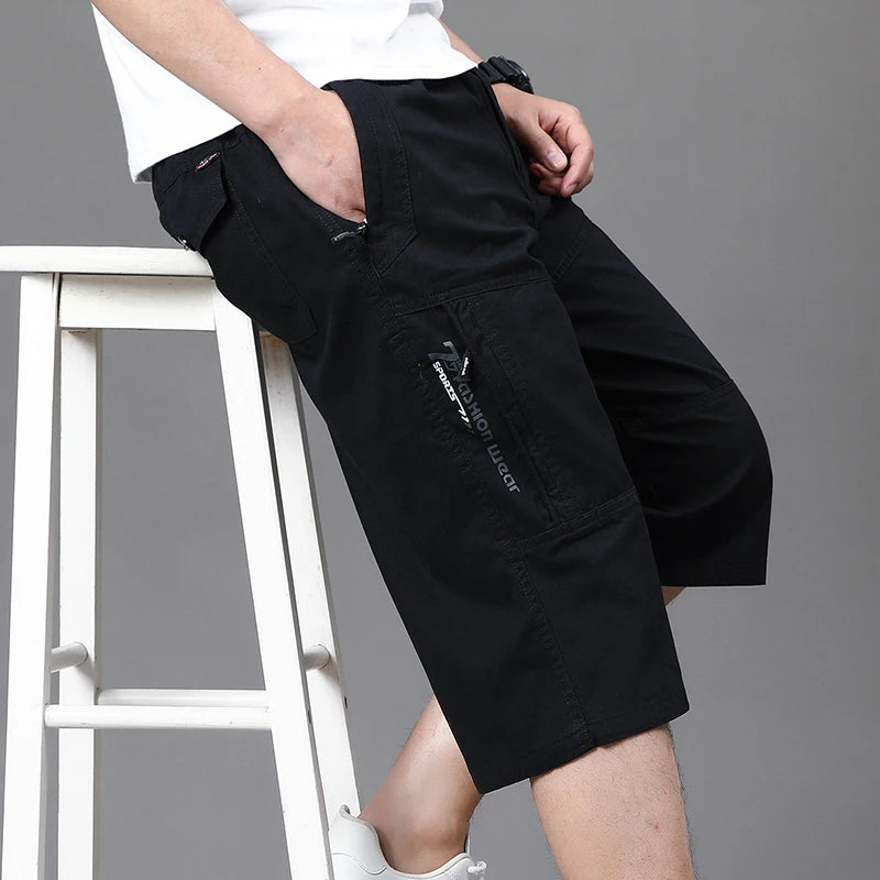 Zipper Pocket Workwear Shorts Mens Knee Cargo Pants 2026 Summer Cotton Shorts Men Climbing Jogger Elastic Waist Sports Work Wear