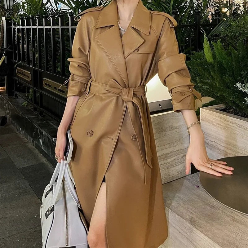 Womens Autumn Classic Double Breasted Long Trench Jacket with Belt Female PU Leather Jacket Lapels Windbreaker Winter Coat for W