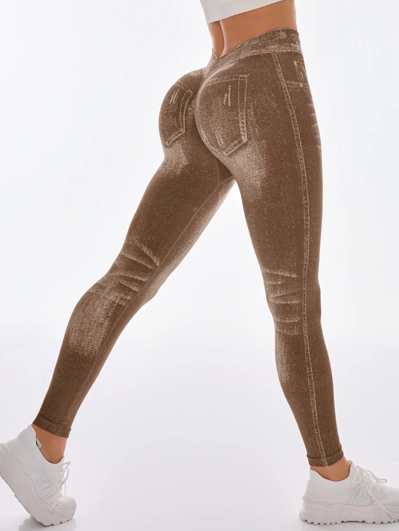 Women V Back Gym Leggings Faux Denim Jeans  Athletic Workout Leggins Elastic Seamless Training Yoga Pants Sports Fitness Tights