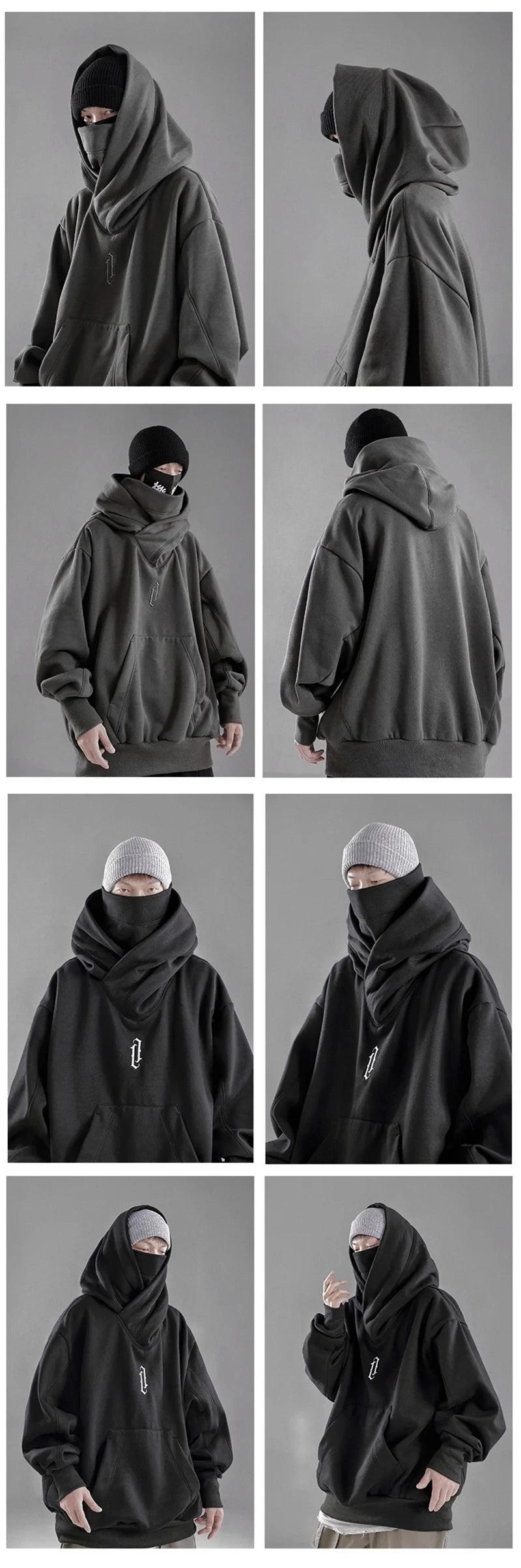 Embroidery Turtleneck Sweatshirt Oversized Y2K Men Women Hoody Japanese Ninja Hoodies Autumn Hip Hop Fleece Pocket Streetwear