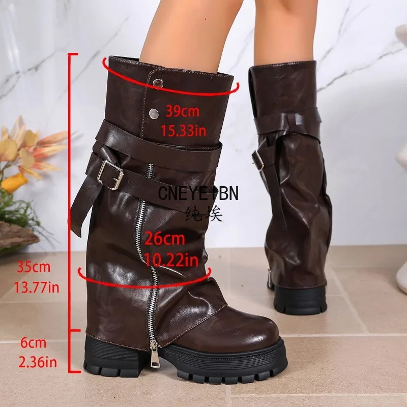 Platform Chunky Sole Women Knee High Boots Buckle Strap Side Zipper Shoes Autumn Winter Vintage Ladies Non Slip Long Boots