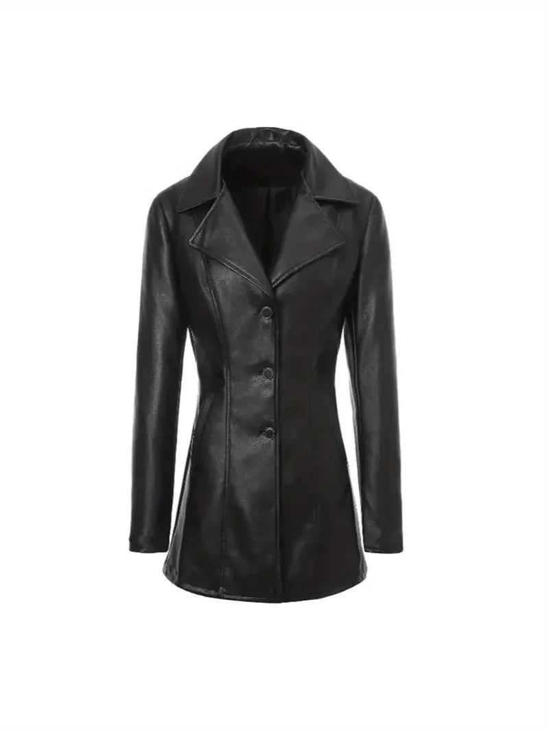 Street PU Leather Women Jacket Black Long Sleeve Button Pocket Turn-down Collar Female Coat 2026 Autumn Winter Lady Outwear