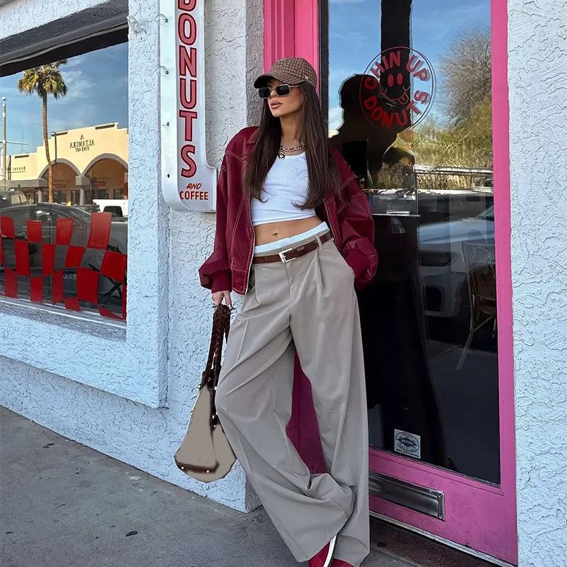 Women Stand Collar Leather Pilot Jacket Red Zipper Cropped Coat Fashion Casual Fashion Outerwear 2026 New Arrival Streetwear