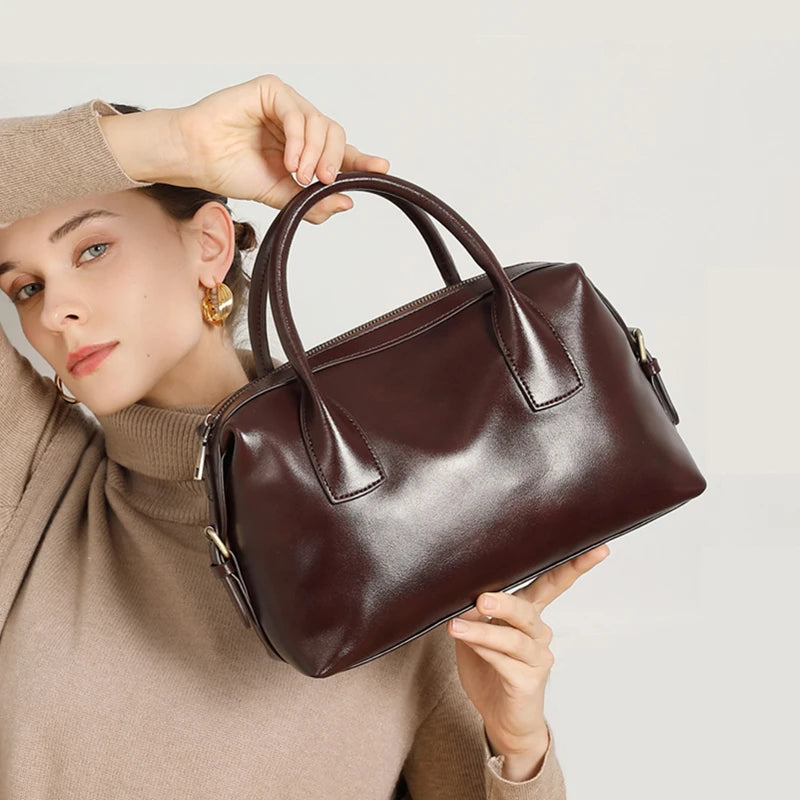 BURMINSA Genuine Cowhide Leather Handbags For Women Retro Pillow Top Handle Bags Bowling Daily Work Crossbody Shoulder Purses