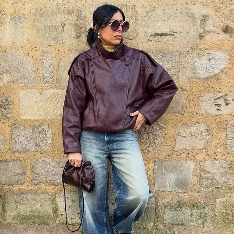 HXAO Women's Faux Leather Jacket Short Coat Black Bomber Jackets For Woman Loose Winter Outerwear High Neck Aviator Jackets