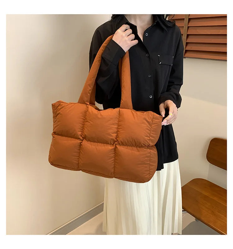 Women Tote Handbags Quilted Plaid Bag Retro Trendy Checkered Waterproof Shoulder Bag Solid Color Winter Soft Large Capacity Bags