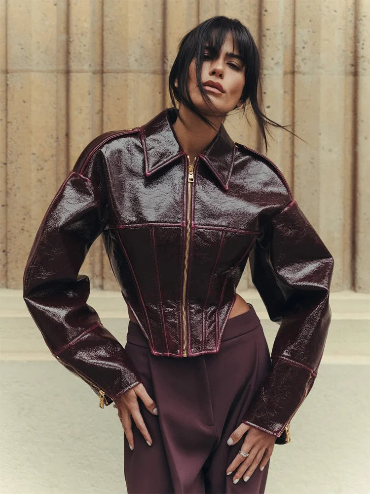Women Chic Brown Leather Jacket With Belt Chic Full Sleeve Laple Zipper Short Coats 2026 Autumn New Ladies Street Biker Jackets