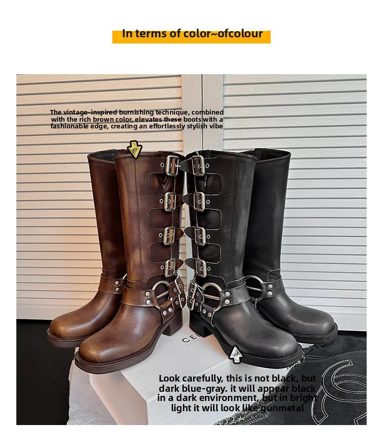 Arden Furtado Women's Cowhide Riding Boots Round Toe Pull-On Mid-Calf Genuine Leather Boots with Belt Buckle Knight Style