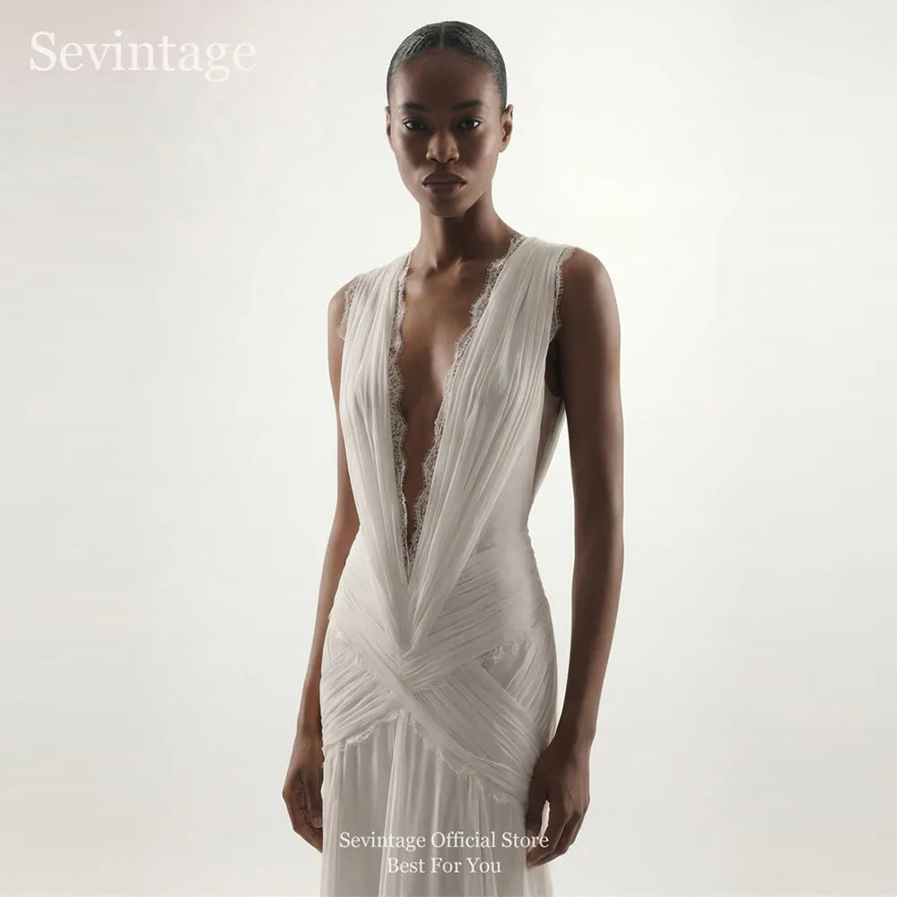 Sevintage Bohemian Chiffon Wedding Dresses Dark V-Neck Sleeveless Bridal Gowns Backless Pleated Lace A-Line Wedding Gowns Custom