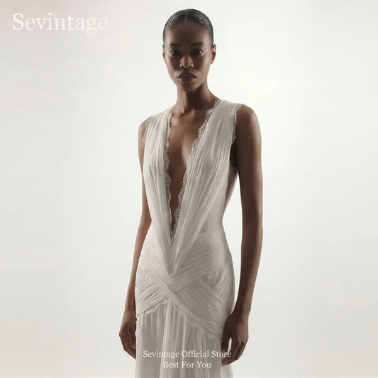Sevintage Bohemian Chiffon Wedding Dresses Dark V-Neck Sleeveless Bridal Gowns Backless Pleated Lace A-Line Wedding Gowns Custom