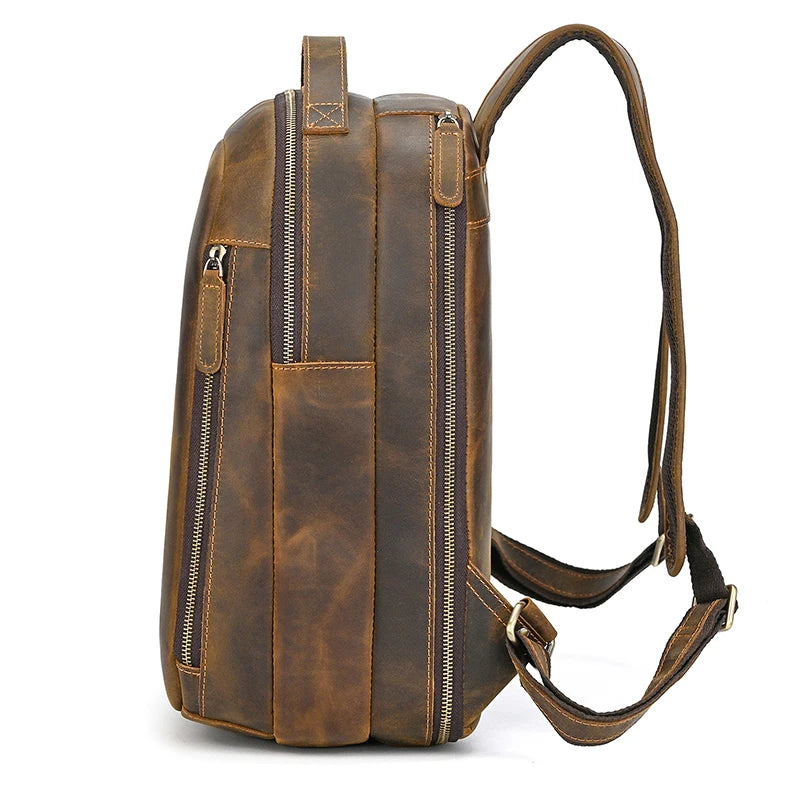 Luufan Men's Retro Crazy Horse Leather Backpack Brown Genuine Leather Rucksack Brown 14 Inch Laptop School Bag