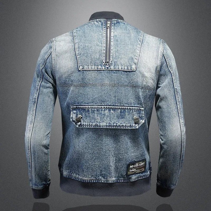 Mens Denim Bomber Jacket Slim Fit Vintage Moto Biker Short Cargo Coat Male Long Sleeve High Street Stand Collar Pilot Jackets
