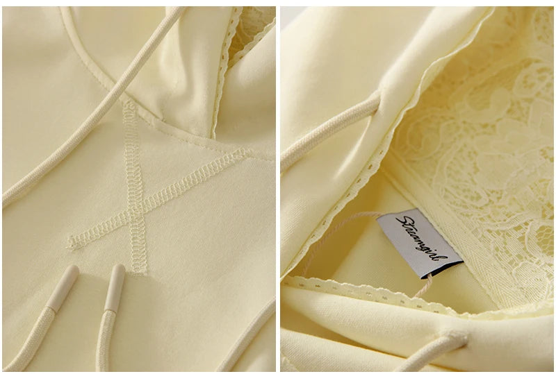 Streamgirl Brown Hoodies With Lace Women Oversize Plain Spring Elegant Butter Yellow Hooded Sweatshirts For Women Oversized