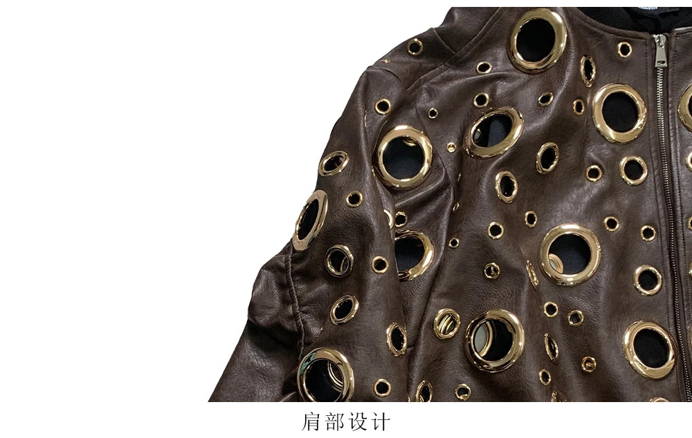 Nerazzurri Autumn Oversized Hollow Out Gold Pu Leather Jacket Men with Hood Hole Luxury Fake 2 Pieces Emo Menswear Clothing 2025