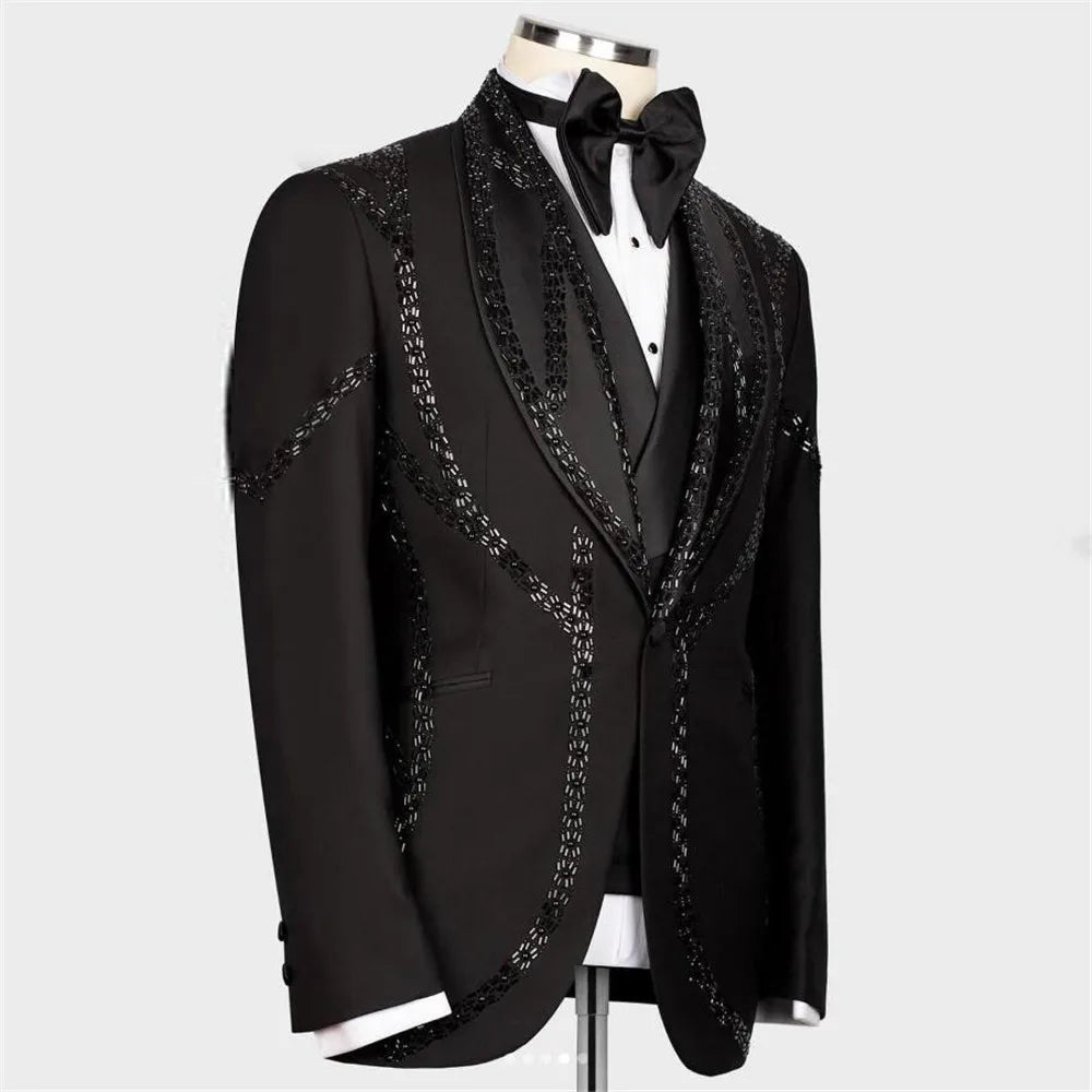 Luxury Beaded Stone Suits Men Slim Fit Shawl Lapel Jacket Vest Pants 3 Pieces Groom Tuxedo Customized Man Business Prom Blazer