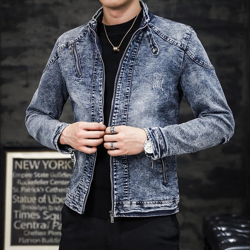 Fashion Spring Casual Jacket Mens Velvet Streetwear Denim Jacket  Stand Collar Jean Jackets Male Slim Fit Coat Outerwear
