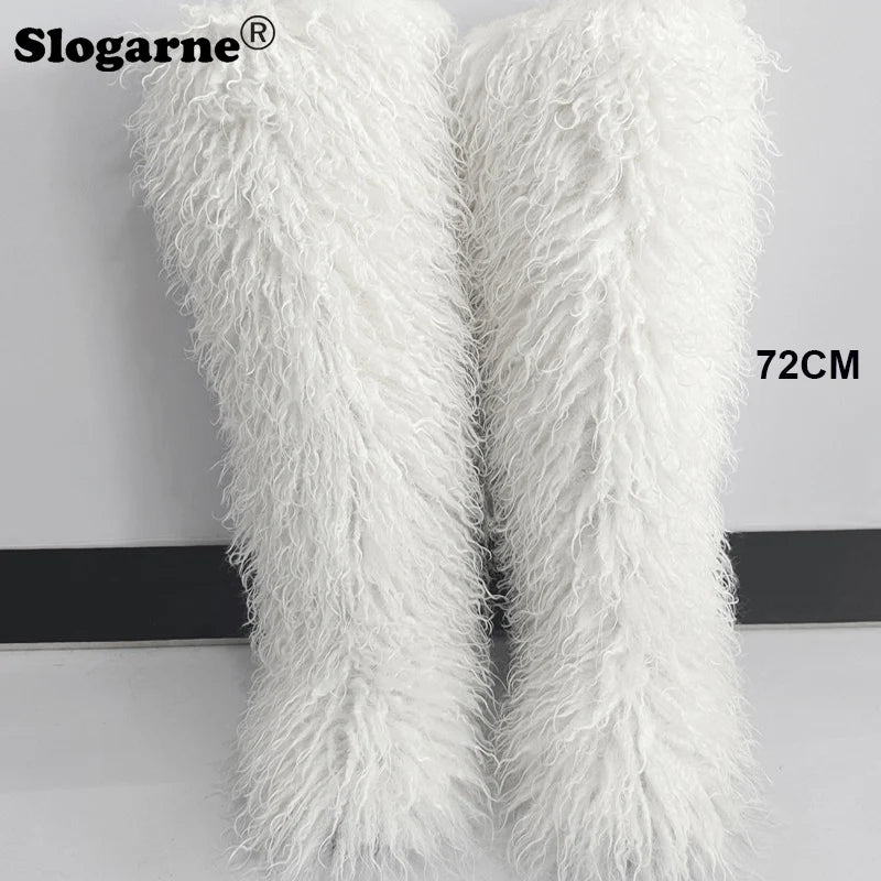 New Over The Knee Fur Boots Women Warm 72CM Long Faux Mongolian Fur Snow Boots Winter Luxury Fluffy Shoes Plush Platform Shoes