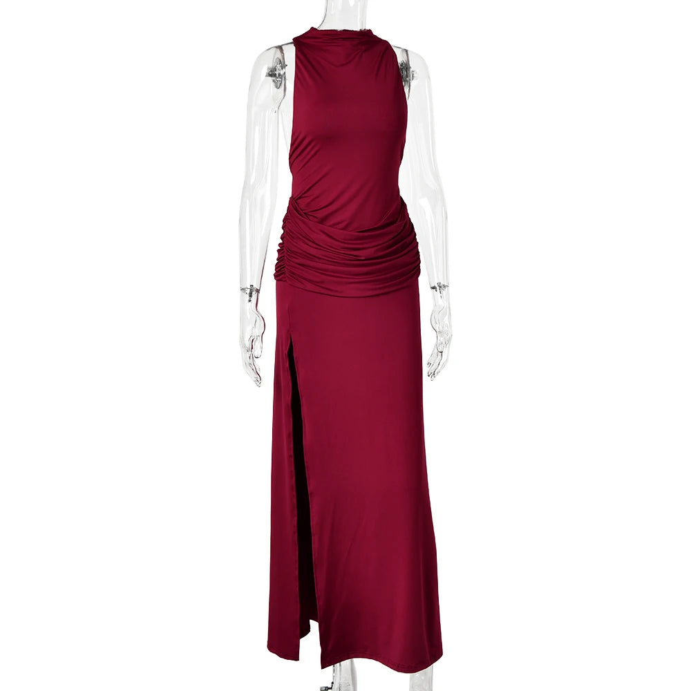 JULISSA MO Sexy Backless High Slit Ruched Women Maxi Dress Sleeveless Round Neck Dress Autumn Skinny Elegant Party Evening Dress