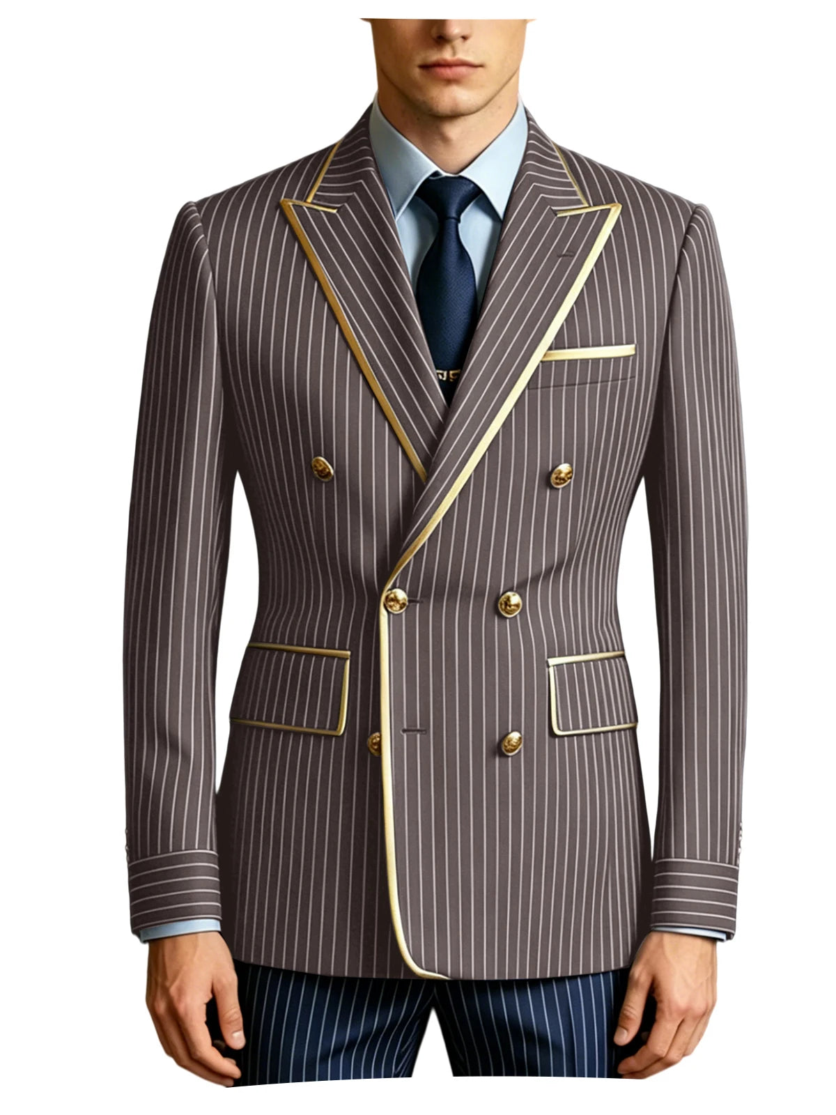 Men's Double Breasted Pinstripe Blazer Slim Fit Formal Business Suit Jacket Luxury Gold Trim  Tuxedo for Wedding Party Office