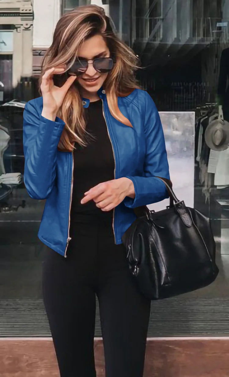 Autumn and Winter New Fashion Black Leather PU Suit Jacket Women Tops Zipper Stand Collar Slim Fit Casual Short Jacket for Women