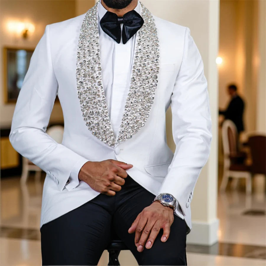 Bling Beaded Wedding Tuxedo for Men Slim Fit Male Fashion Suits Stunning 2 Pieces Suit Jacket with Pants Custom Made Costume