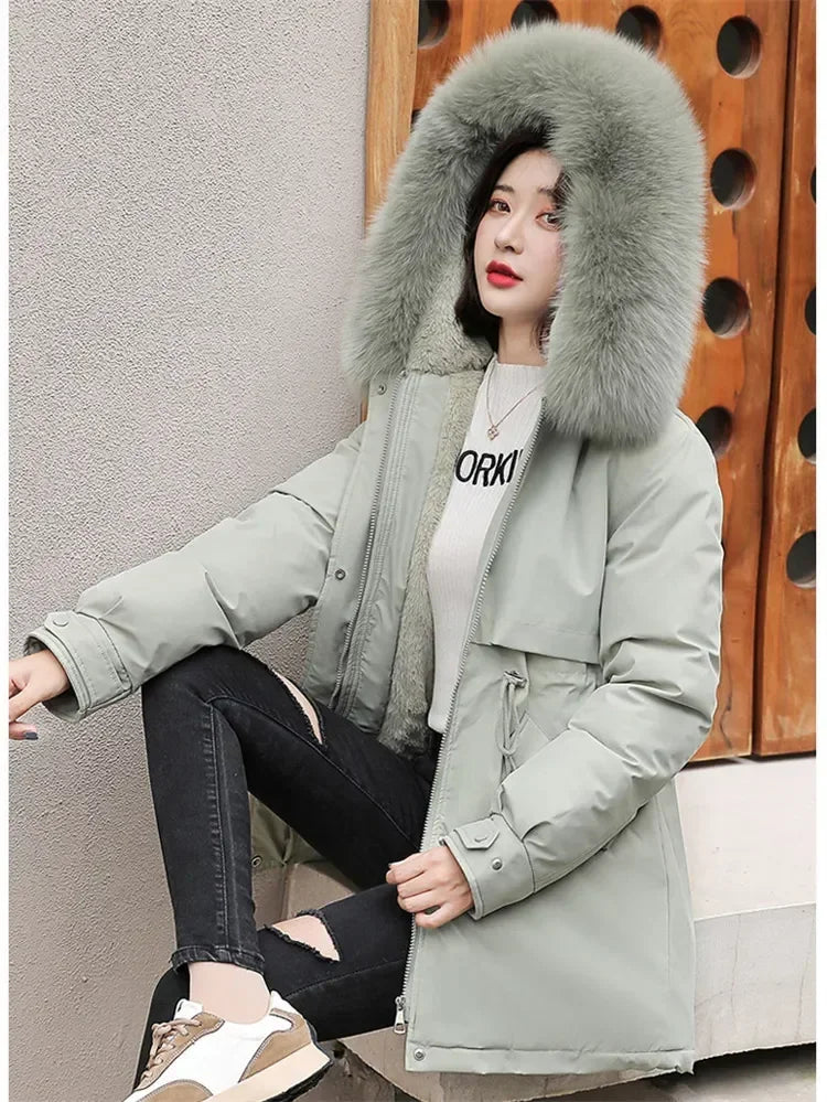 Winter Coat Low Price On Sale Women Beige Add Wool Thick Warmth Fur Hooded Parkas Jacket 2026 New Fashion Belt Slim Cotton Coat