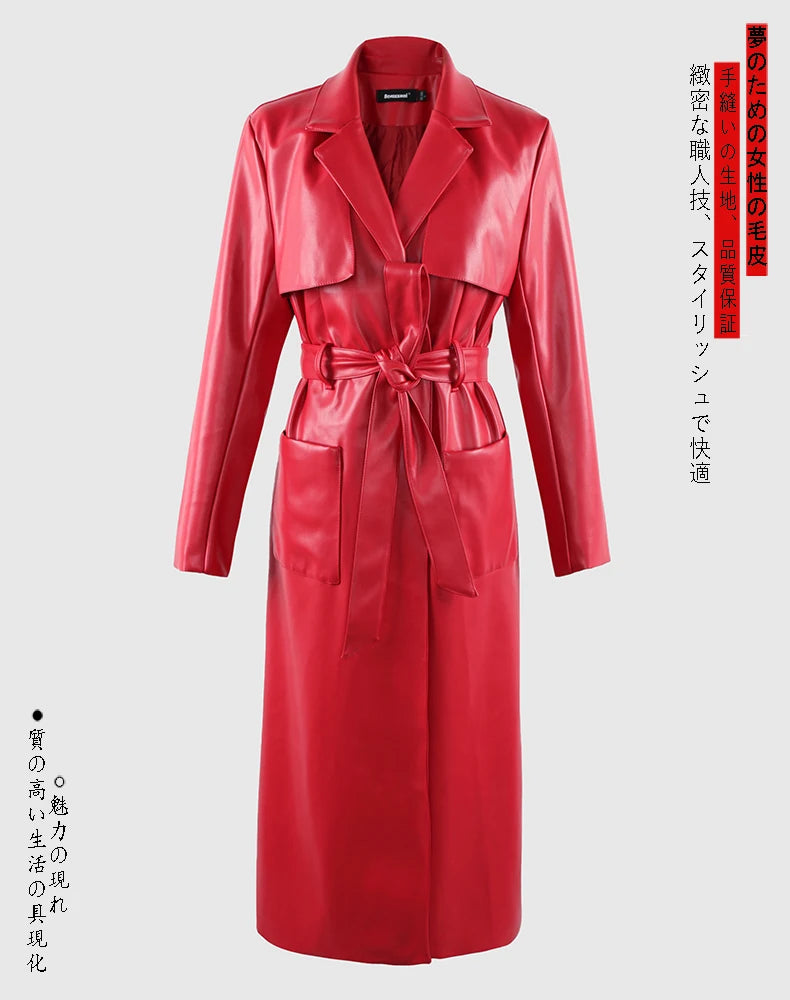 Nerazzurri Spring Autumn Long Red Soft Pu Leather Trench Coat for Women Pockets Sashes Luxury Elegant Chic Stylish Overcoat 2023