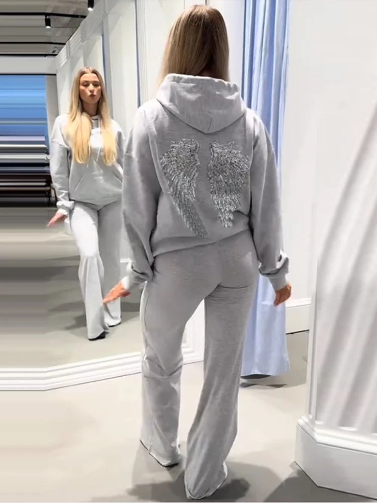 Sequins Angel's Wings Hoodies Women Y2k Chic Loose Long Sleeve Pullovers Top Slim Yoga Pant Set 2026 Casual Lady Sweatshirt Set