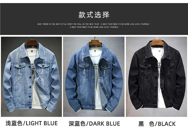 QICHE New Spring Autumn Men Light Blue Slim Denim Jacket Distressed Ripped Casual Outerwear