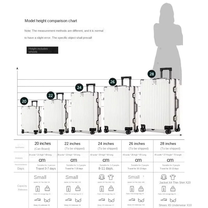 Aluminium Frame Suitcase Large-capacity Trolley Case Strong and Durable Password Cabin Bag Thickened PC suitcase 20/22/24/26/28