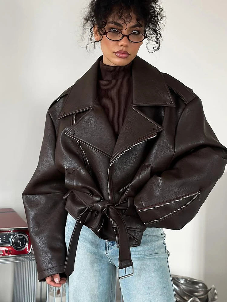 Women Chic Brown Leather Jacket With Belt Chic Full Sleeve Laple Zipper Short Coats 2026 Autumn New Ladies Street Biker Jackets