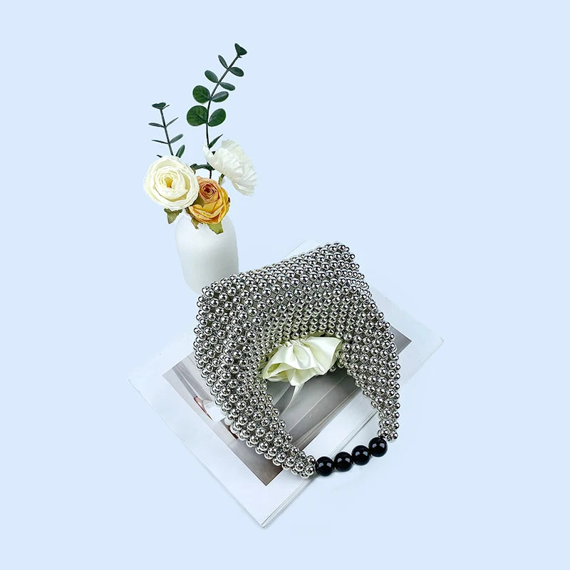 European and American high-end texture handmade silver beaded pillow bag, banquet bag, fashionable and versatile