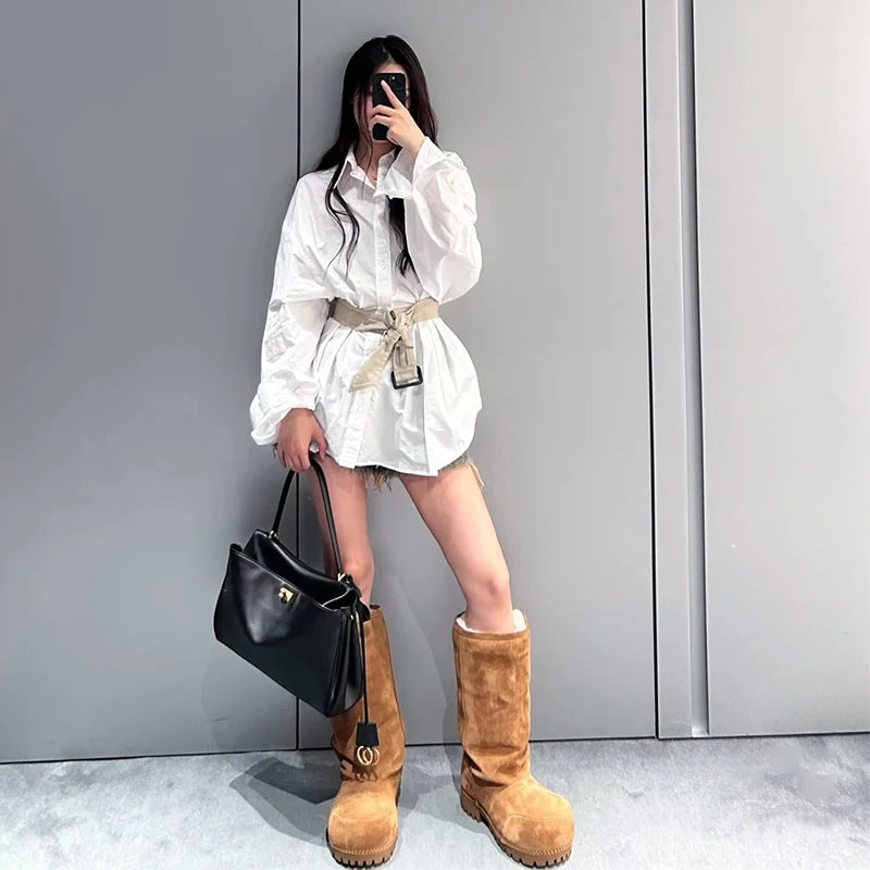 New Fashionable Snow Boots Platform Elevating Warm Cotton Shoes Warm Big Head Design Long Boots Ladies All-over Brown Long Boots