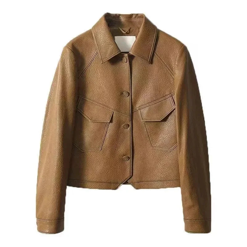 2026 Short PU Leather Coat Women's Spring Autumn New Jacket Ladies Fashion Outerwear Western Style Lapel Overcoat Leather Jacket