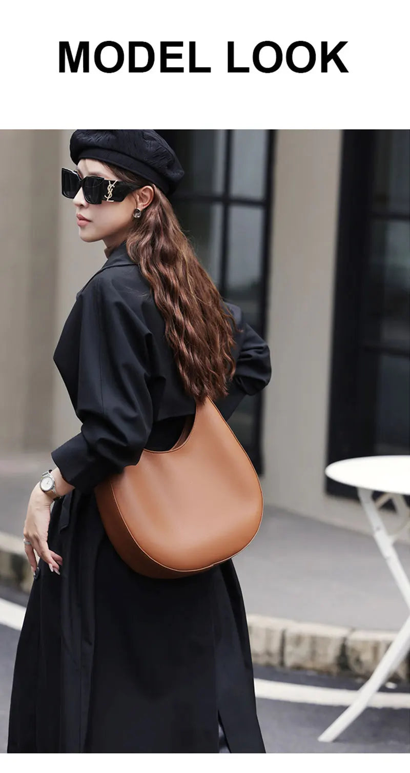 Genuine Leather Women Tote Bags Fashion Luxury Designer Women's Shoulder Bag Quality Cowhide Large Capacity Half Moon Handbags
