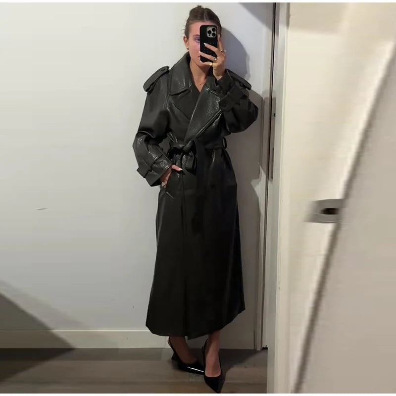 Double Breasted Lace up Long Leather Coat Woman Long Sleeves Loose Solid Color Casual Jackets Street Women's Early Autumn Coats