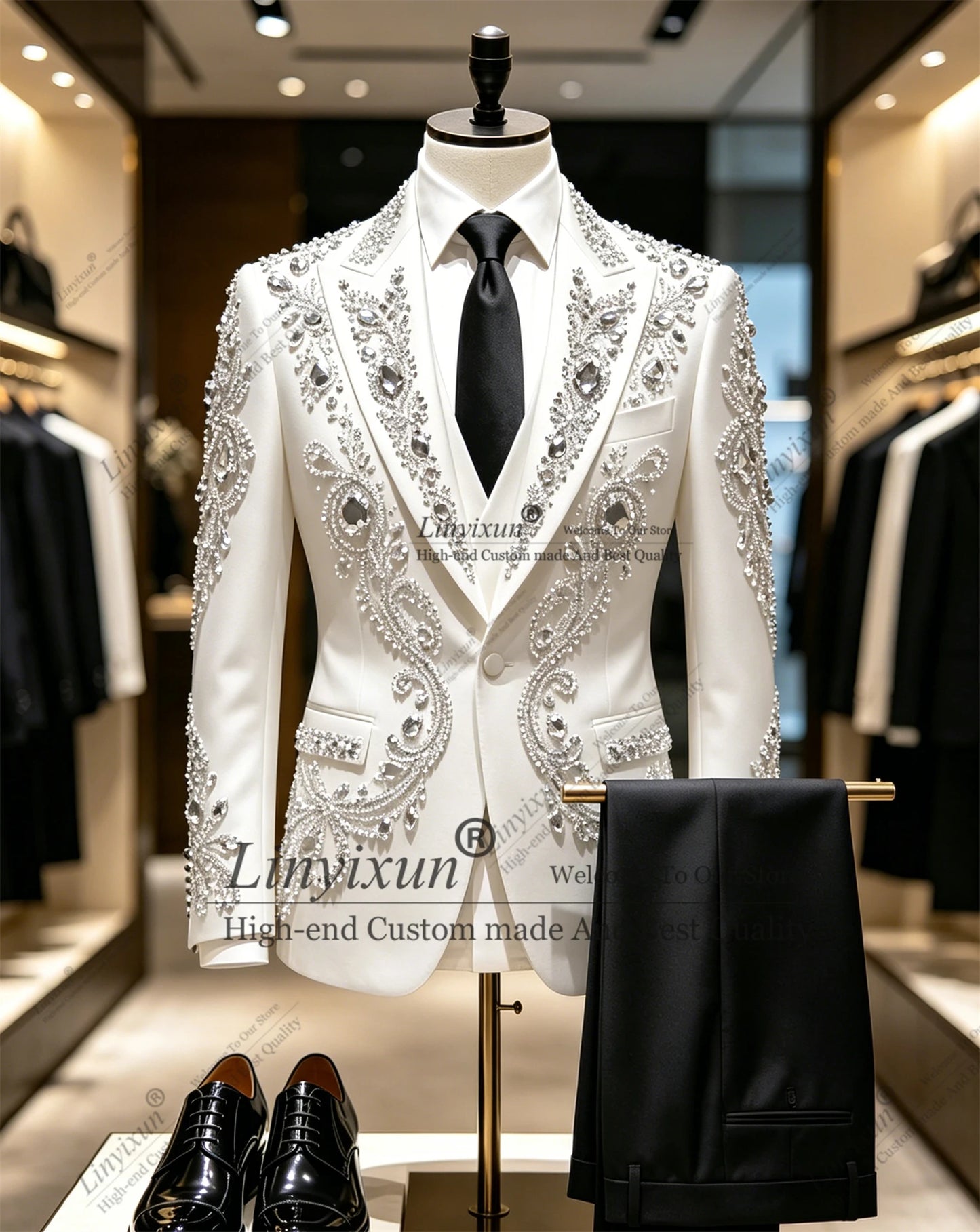 Shiny Plears Beaded Men Suits 3 Pieces Sets Groom Tuxedos Customized Party Prom Blazer Slim Fit Dinner Wedding Costume Homme