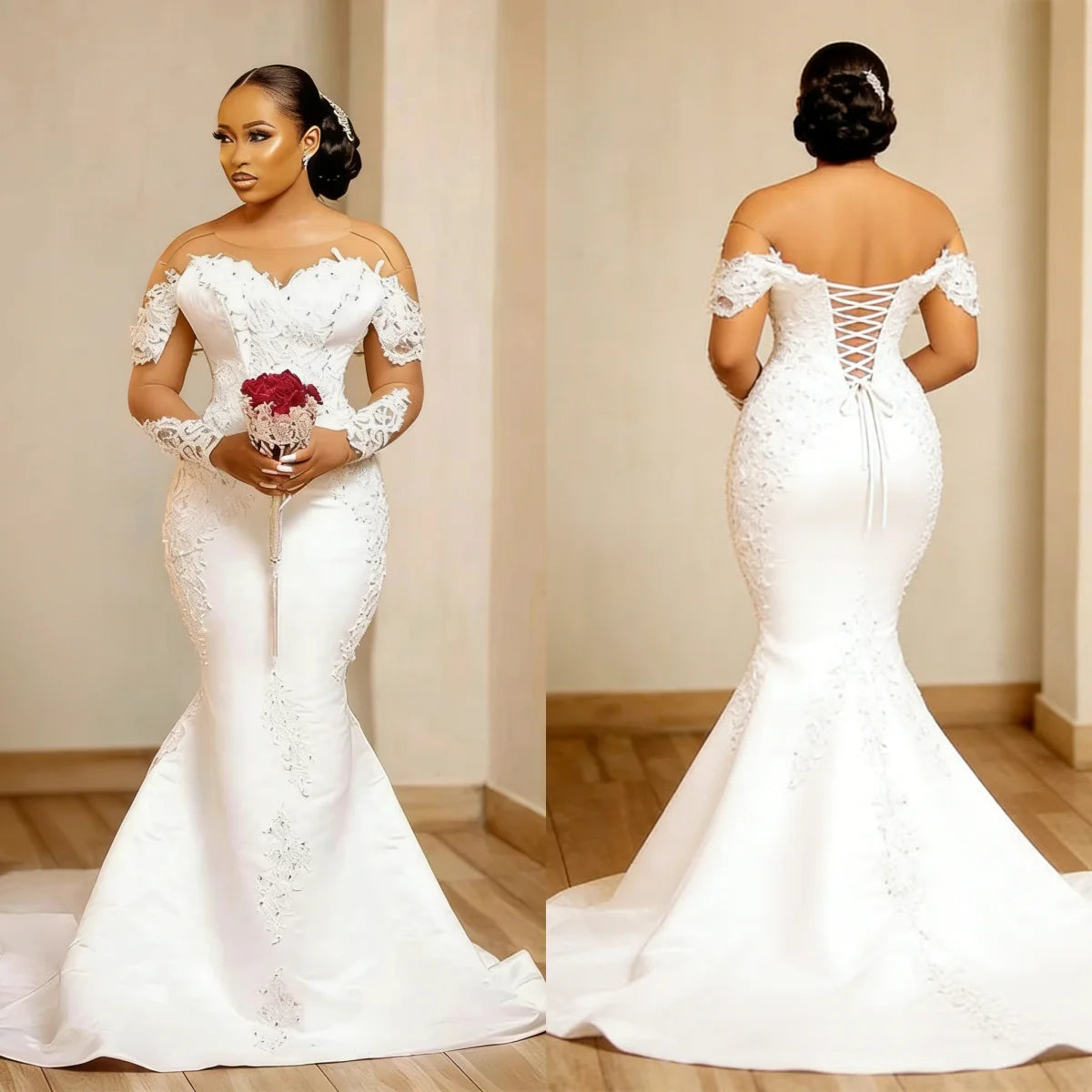Customized 2026 African Style Brown Skin Wedding Dress Round Neck Satin Lace Beads Lace Up Style Mermaid Vestidos De Novia