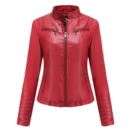2026 New Women's Slim Leather Jacket, Stand-up Collar, Zipper Stitching, Monochromatic PU Coat, Fashion Clothing.