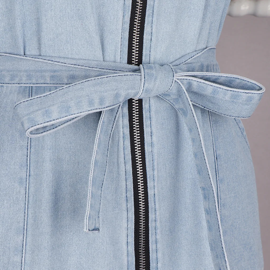Denim Dresses Women Mini Dress Vintage Turn Down Collar Lace Up Zipper Pockets Distressed Summer Vestidos Streetwear 2025