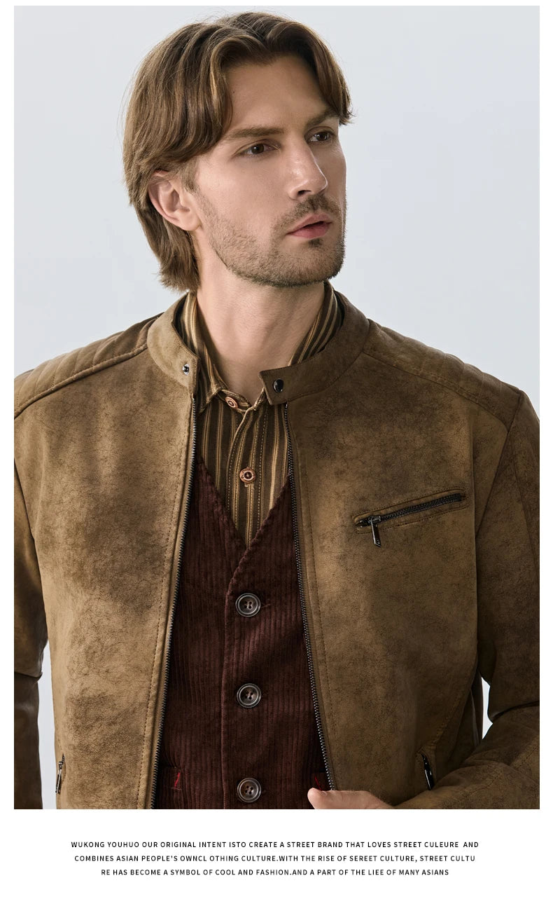 Men's PU Leather Jacket Faux Fur Leather Jacket Thickened Plush Autumn Winter Warm Leather Jacket High-End Business Leather Coat