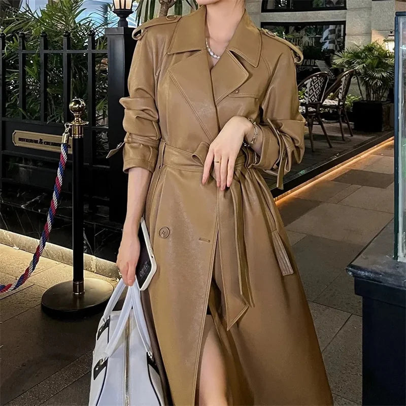 Womens Autumn Classic Double Breasted Long Trench Jacket with Belt Female PU Leather Jacket Lapels Windbreaker Winter Coat for W