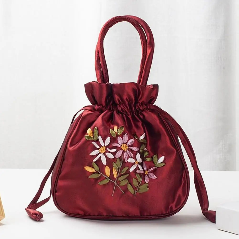 Women Bucket Bag Top Handle Ladies Handbag Phone Bag Summer Small Purse National Style Embroidered Flower Pattern Drawstring Bag